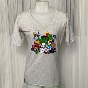 Marvel Tokidoki Heather Light Grey T-Shirt with Colorful Characters Juniors XL